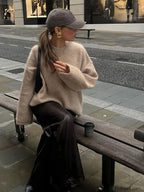 Elegant Solid Mohair Soft Knitted Pullover Women Casual O neck Long Sleeve Loose Sweater Sweaters L
