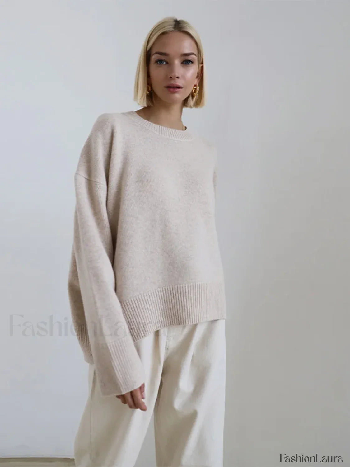 Elegant Solid Round Neck Pullover Women Casual Long Sleeve Loose Soft Warm Sweater Sweaters L