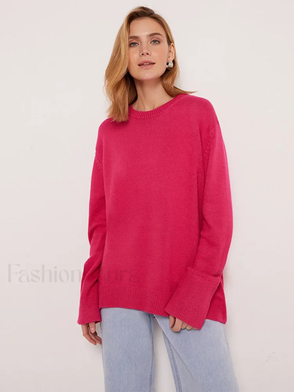 Elegant Solid Round Neck Pullover Women Casual Long Sleeve Loose Soft Warm Sweater Sweaters L