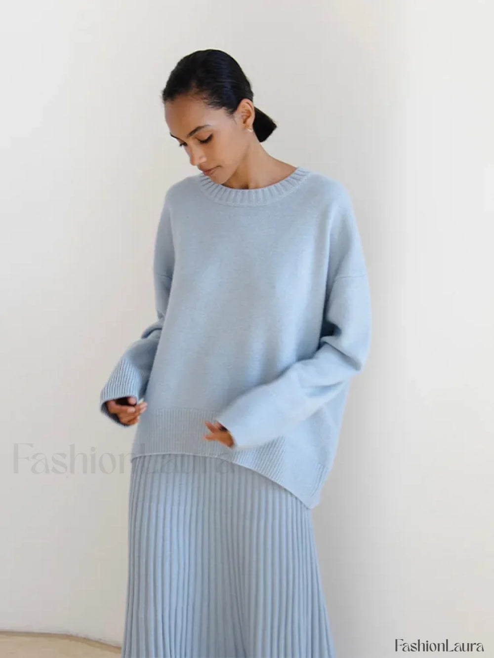 Elegant Solid Round Neck Pullover Women Casual Long Sleeve Loose Soft Warm Sweater Sweaters L