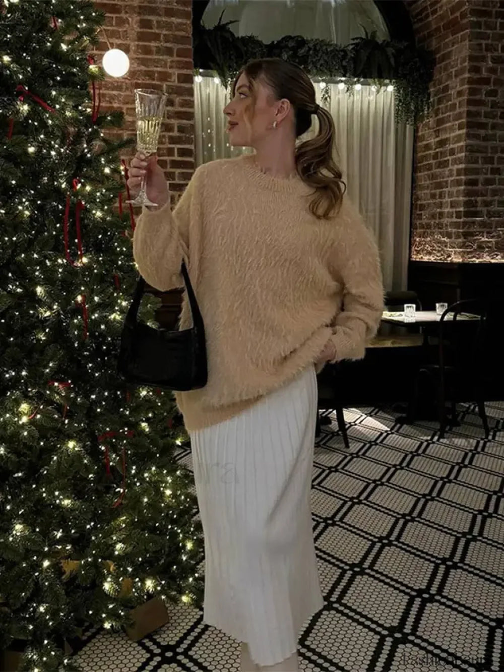 Elegant Solid Round Neck Warm Pullover For Women Casual Long Sleeves Loose Sweater Sweaters L