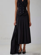 Elegant Spliced Tunic Skirt Two Piece Set BLACK / S