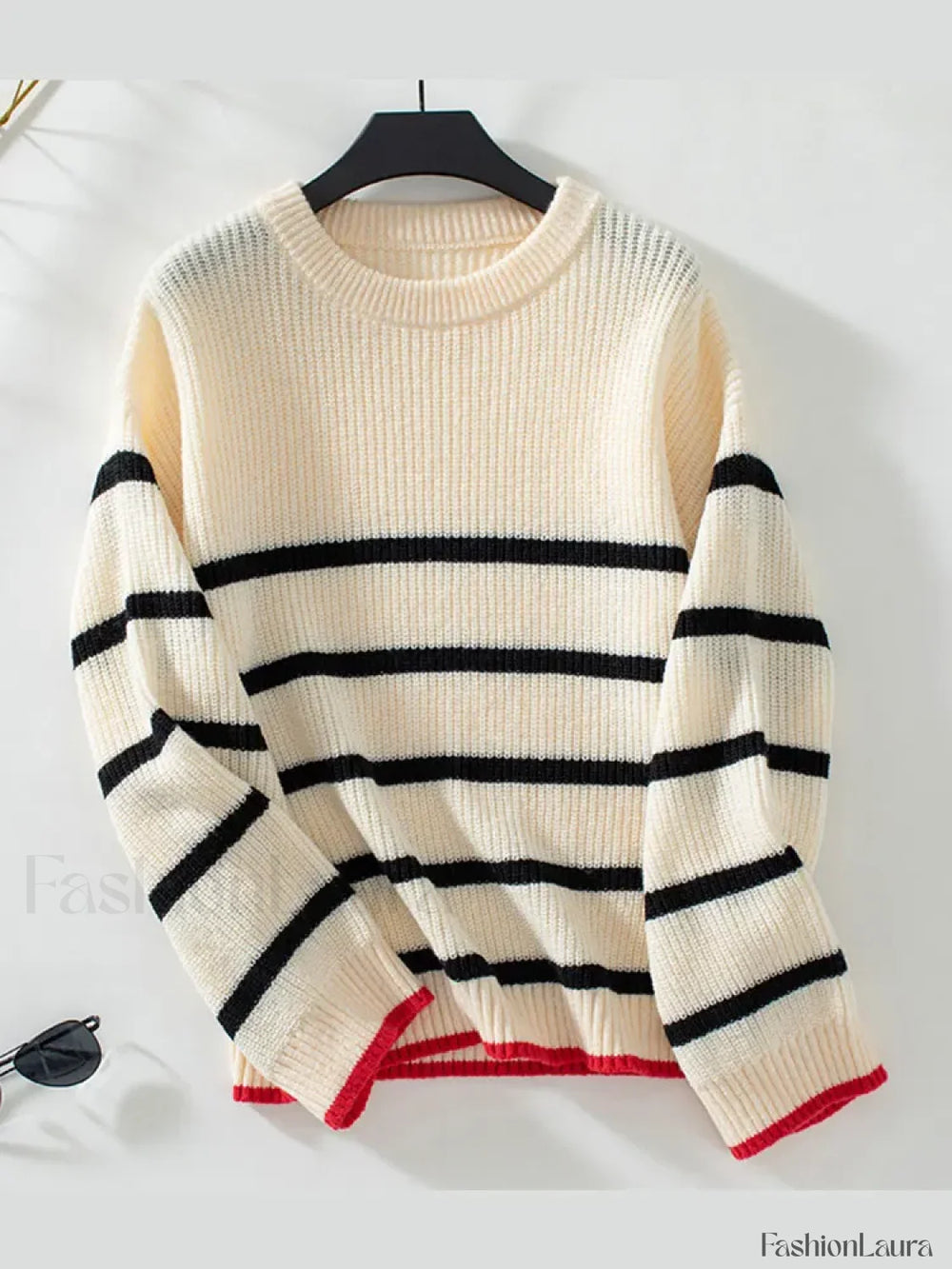 Elegant Striped Round Neck Knitted Pullover Women Casual Long Sleeve Loose Sweater Apricot / S Sweaters L