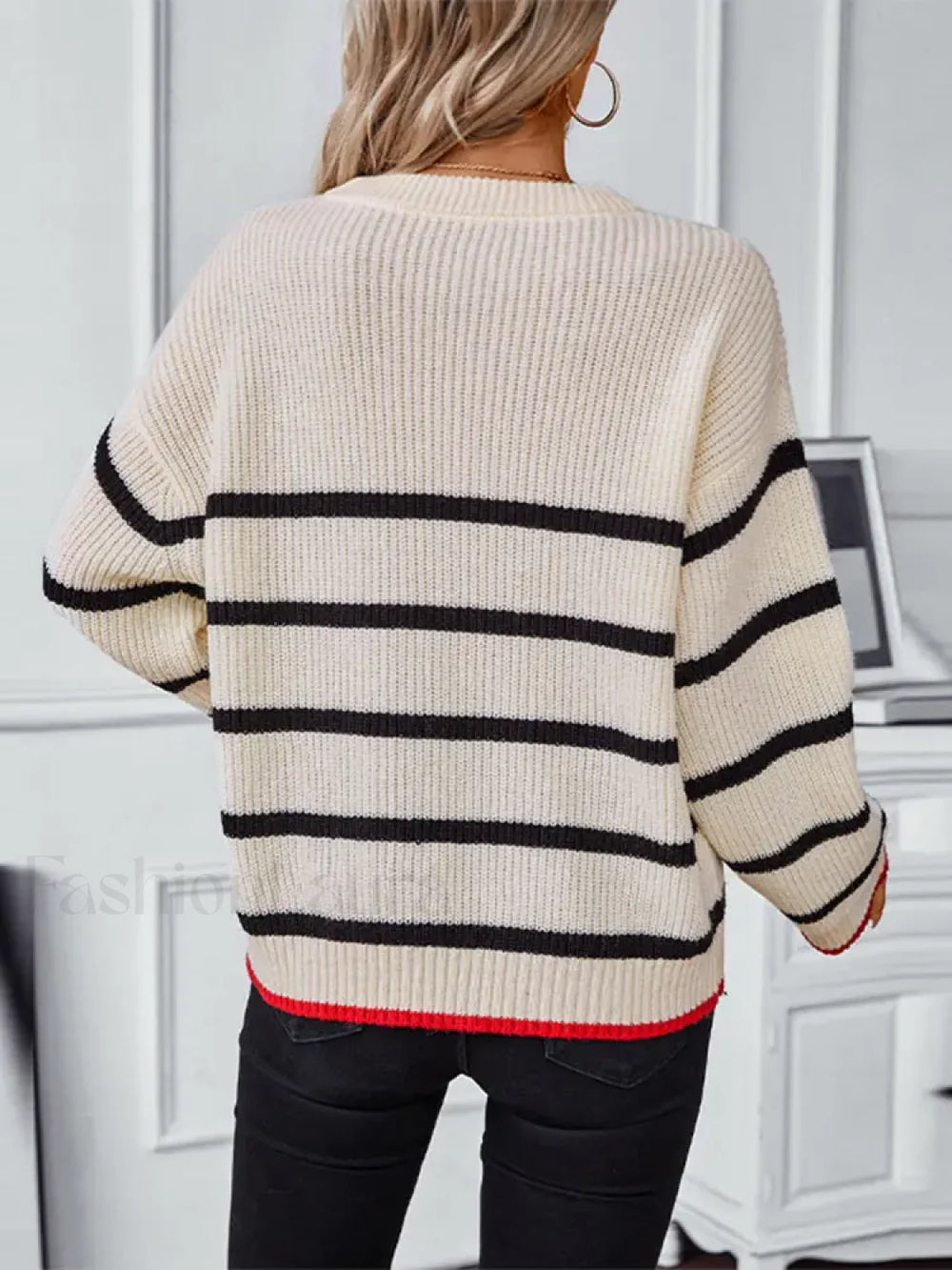 Elegant Striped Round Neck Knitted Pullover Women Casual Long Sleeve Loose Sweater Sweaters L