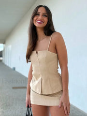 Elegant Striped Sling Culottes Two Piece Set apricot shorts / XS