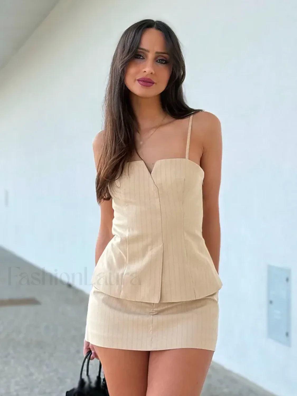 Elegant Striped Sling Culottes Two Piece Set apricot suit / XS Main image