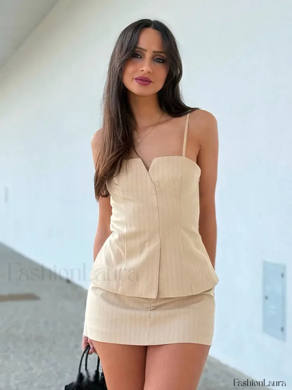 Elegant Striped Sling Culottes Two Piece Set apricot suit / XS