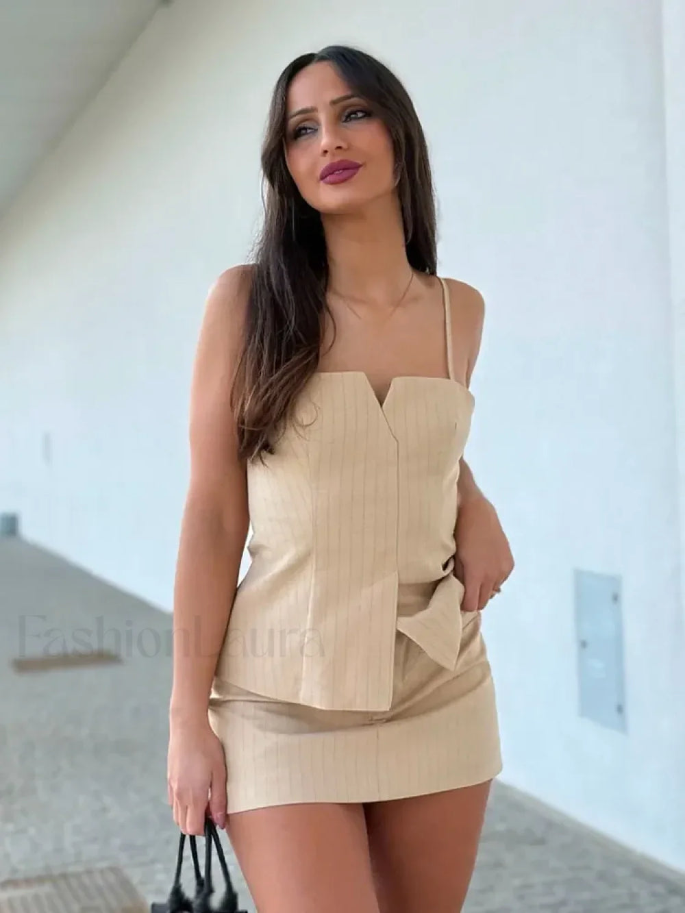 Elegant Striped Sling Culottes Two Piece Set apricot top / XS