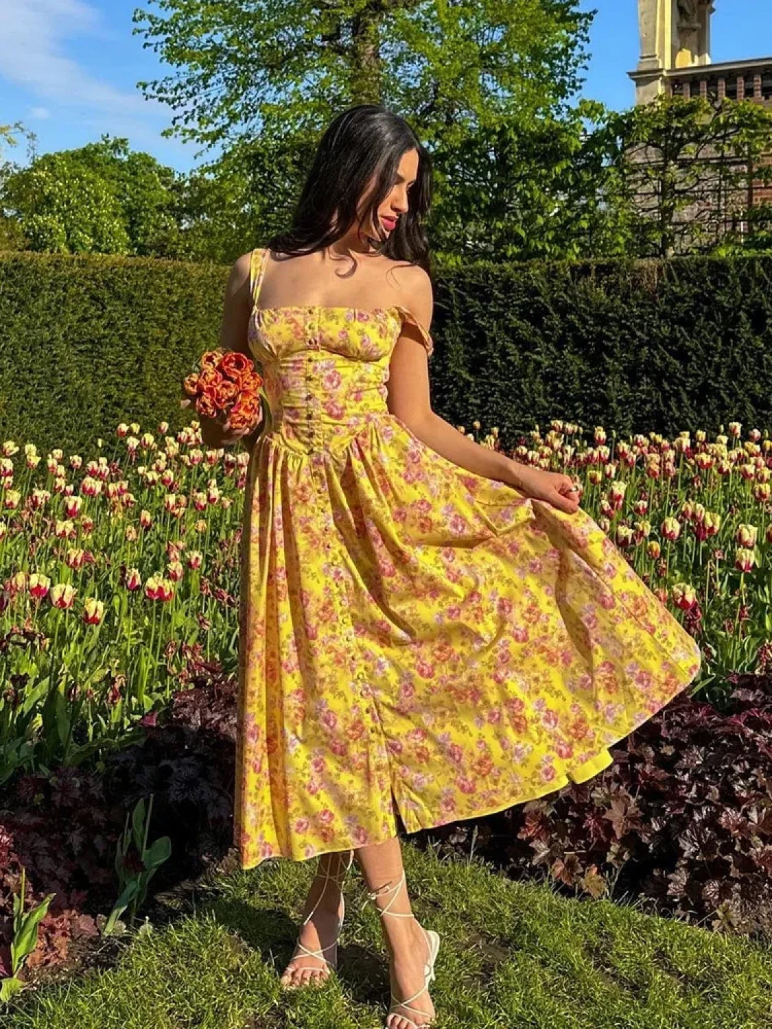 Elegant Summer Floral Print Midi Dress Yellow Lace Up Pocket Floral Dress Main image