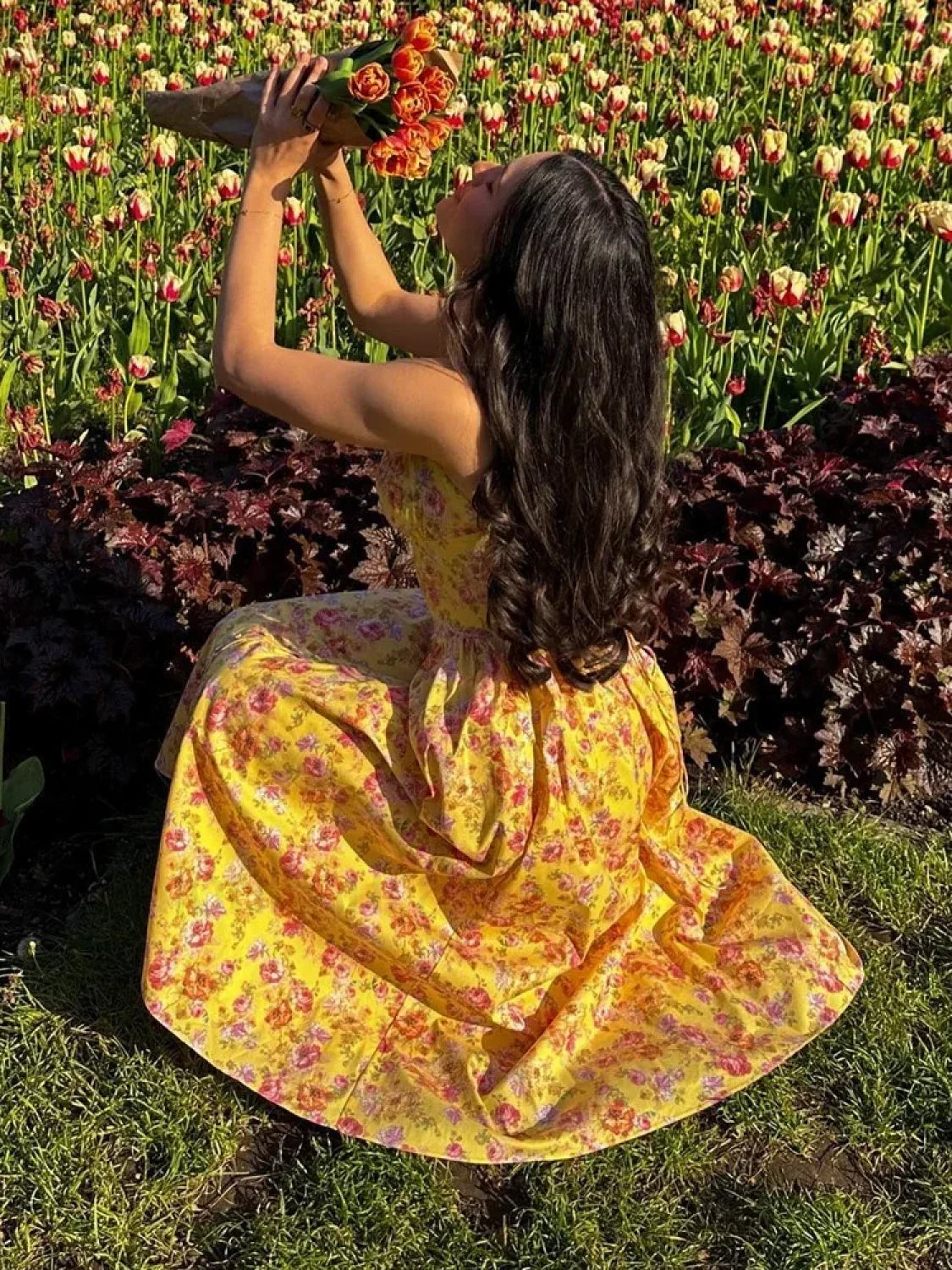 Elegant Summer Floral Print Midi Dress Yellow Lace Up Pocket Floral Dress Secondary image