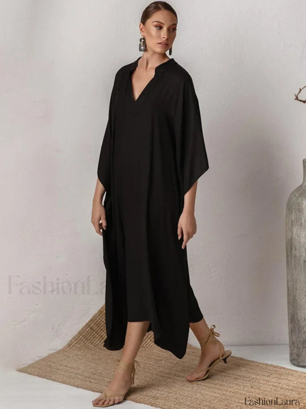 Elegant V Neck Tunic Beach Cover Up BLACK / One Size