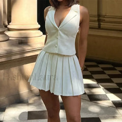 Elegant Waistcoat Pleated Skirt Deep V neck Top Mini Skirt Two Piece Set WHITE / S