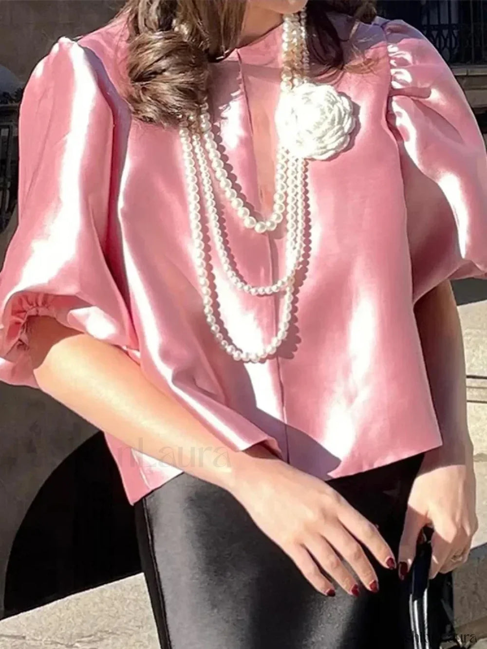 Elegant White Satin Short O neck Female Lady Blouse