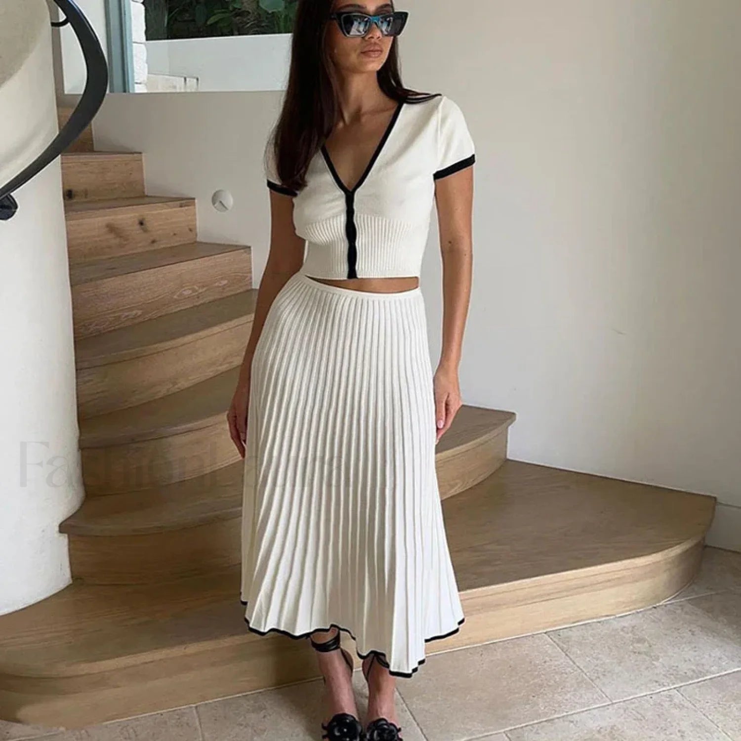 Elegant White Skirt Pleated Two Piece Set White / S Main image