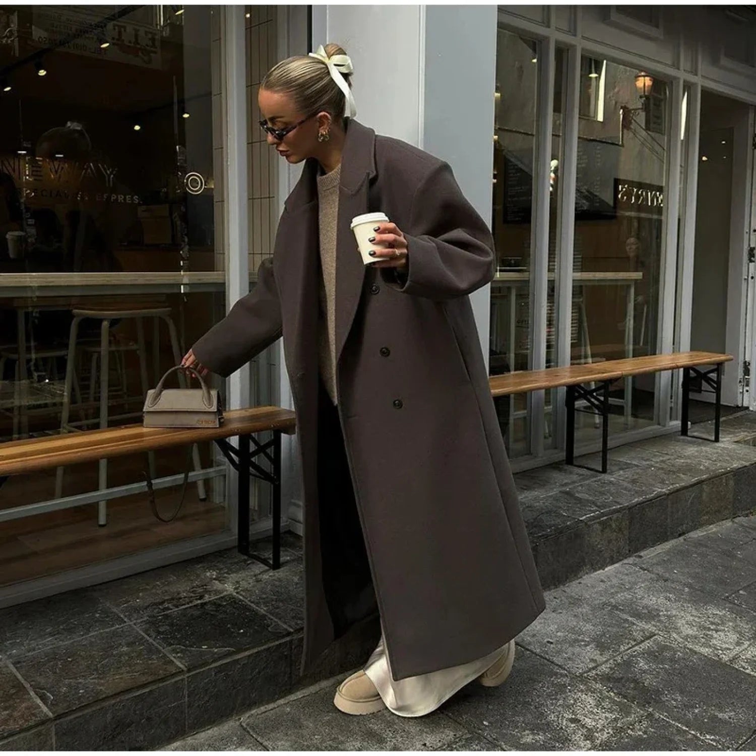 Elegant Women’s Woolen Overcoat Double Breasted Overcoats C long overcoat / S