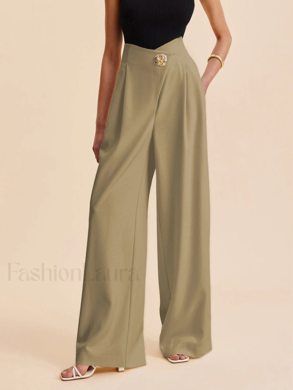 Embellished High Waist Wide Leg Pants Khaki / XS Pants