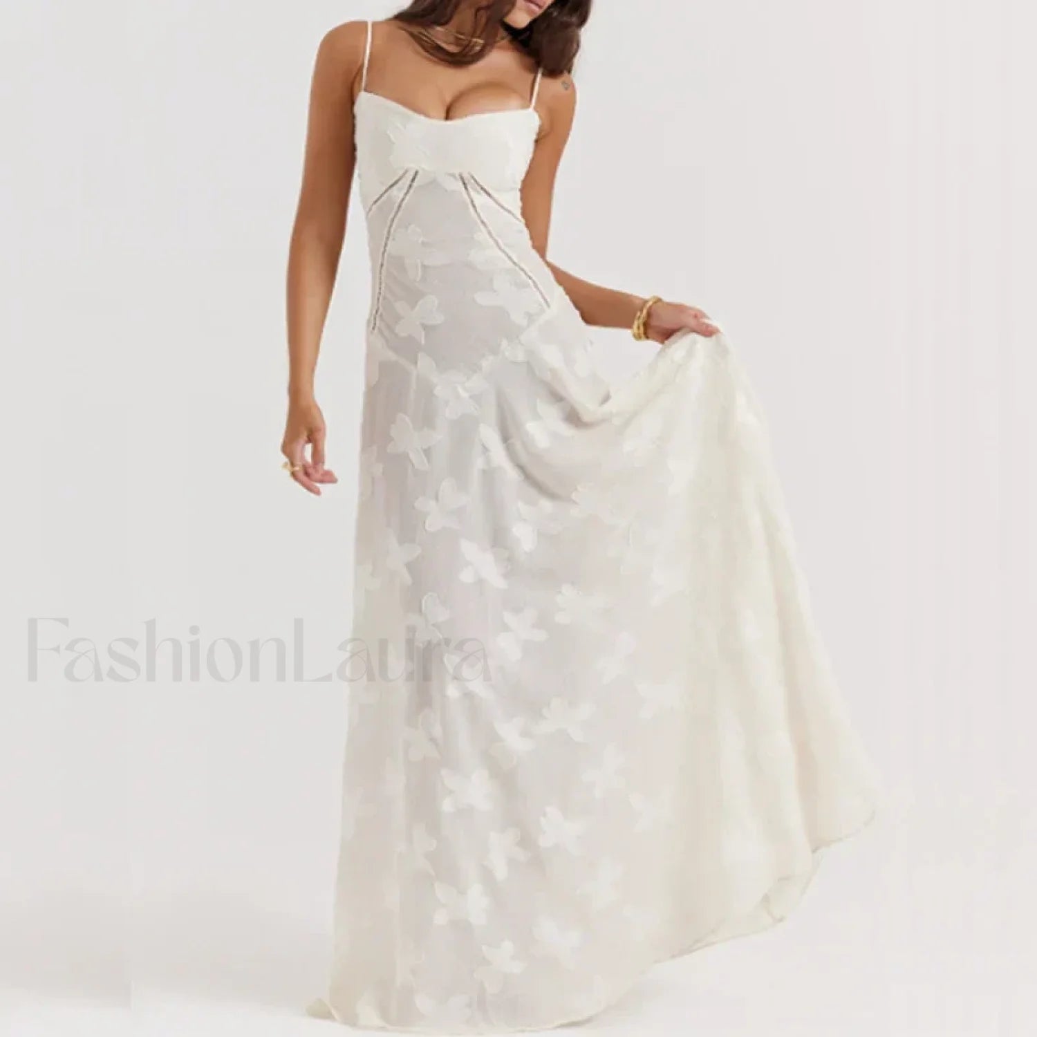 Embroidered Lace Off Shoulder Maxi Dress 02 White / XS