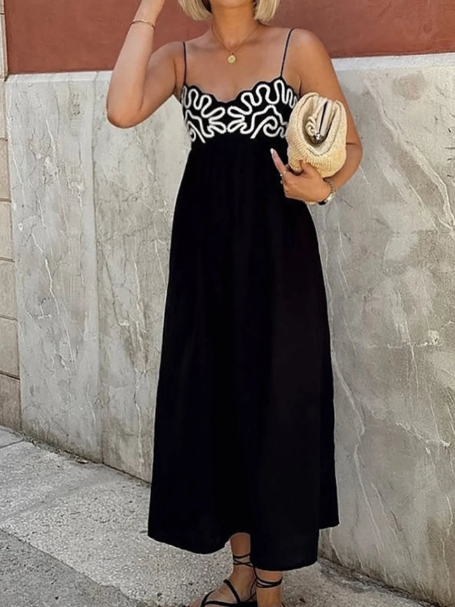 Embroidered Shirred Spaghetti Strap Long Dress Black / XS Dresses Main image
