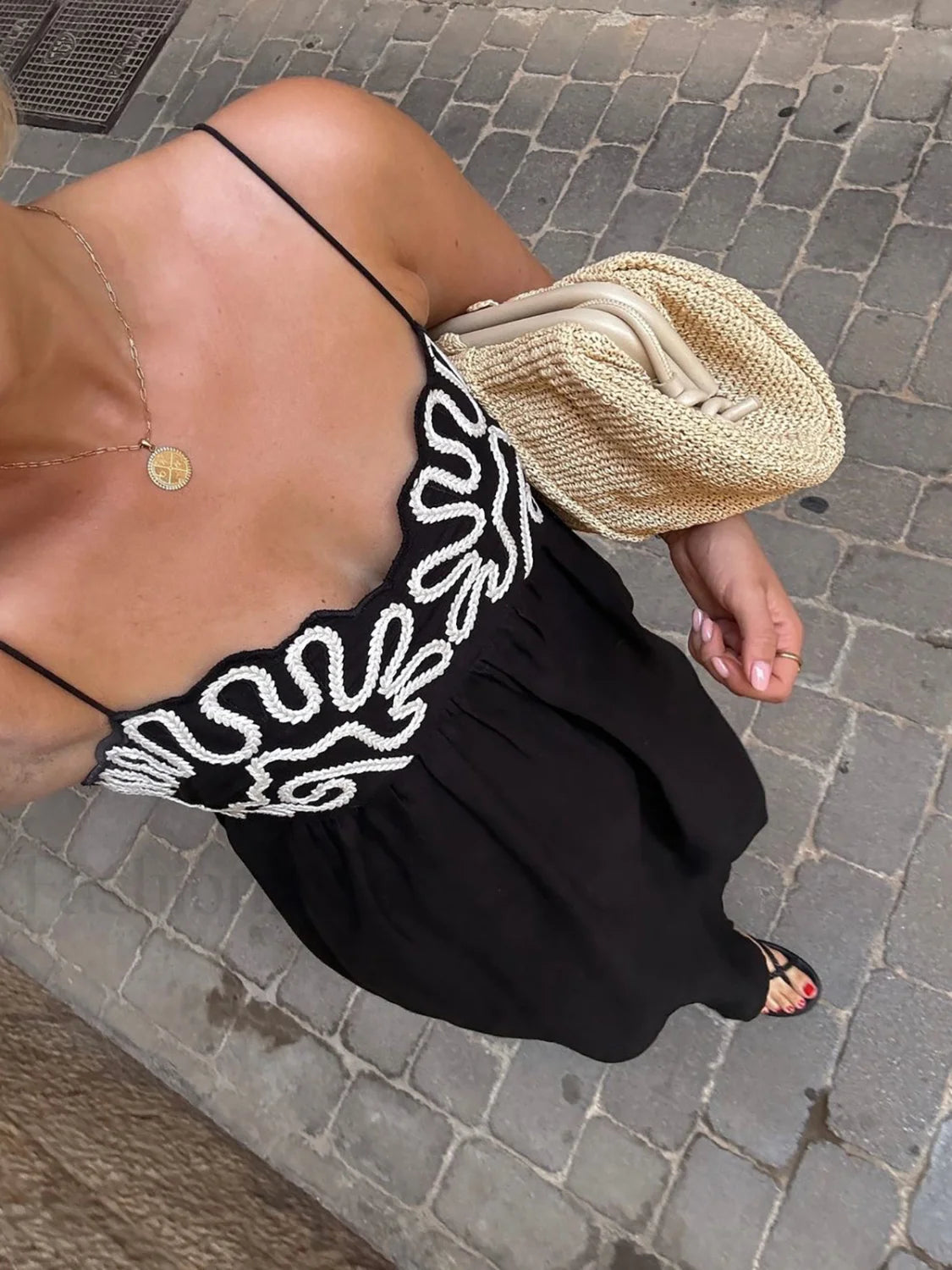 Embroidered Shirred Spaghetti Strap Long Dress Secondary image