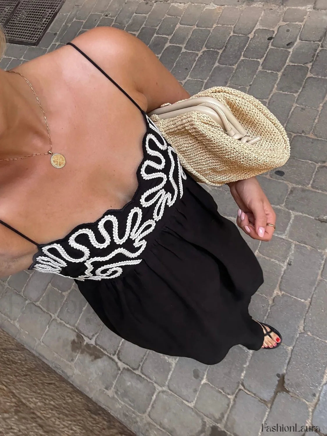 Embroidered Shirred Spaghetti Strap Long Dress Dresses