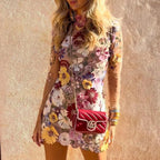 Embroidered Slimming Lace Three Dimensional Flower Mini Floral Dress Beige / S
