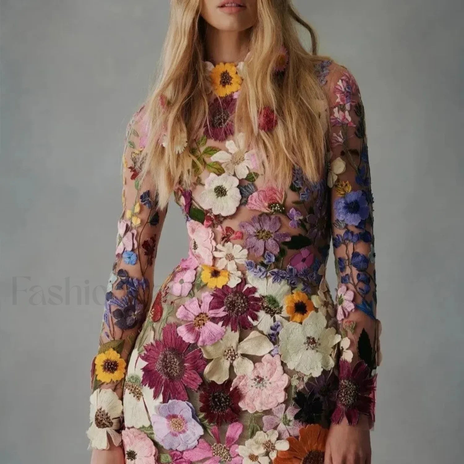 Embroidered Slimming Lace Three Dimensional Flower Mini Floral Dress Black / S Main image