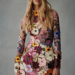 Embroidered Slimming Lace Three Dimensional Flower Mini Floral Dress Black / S