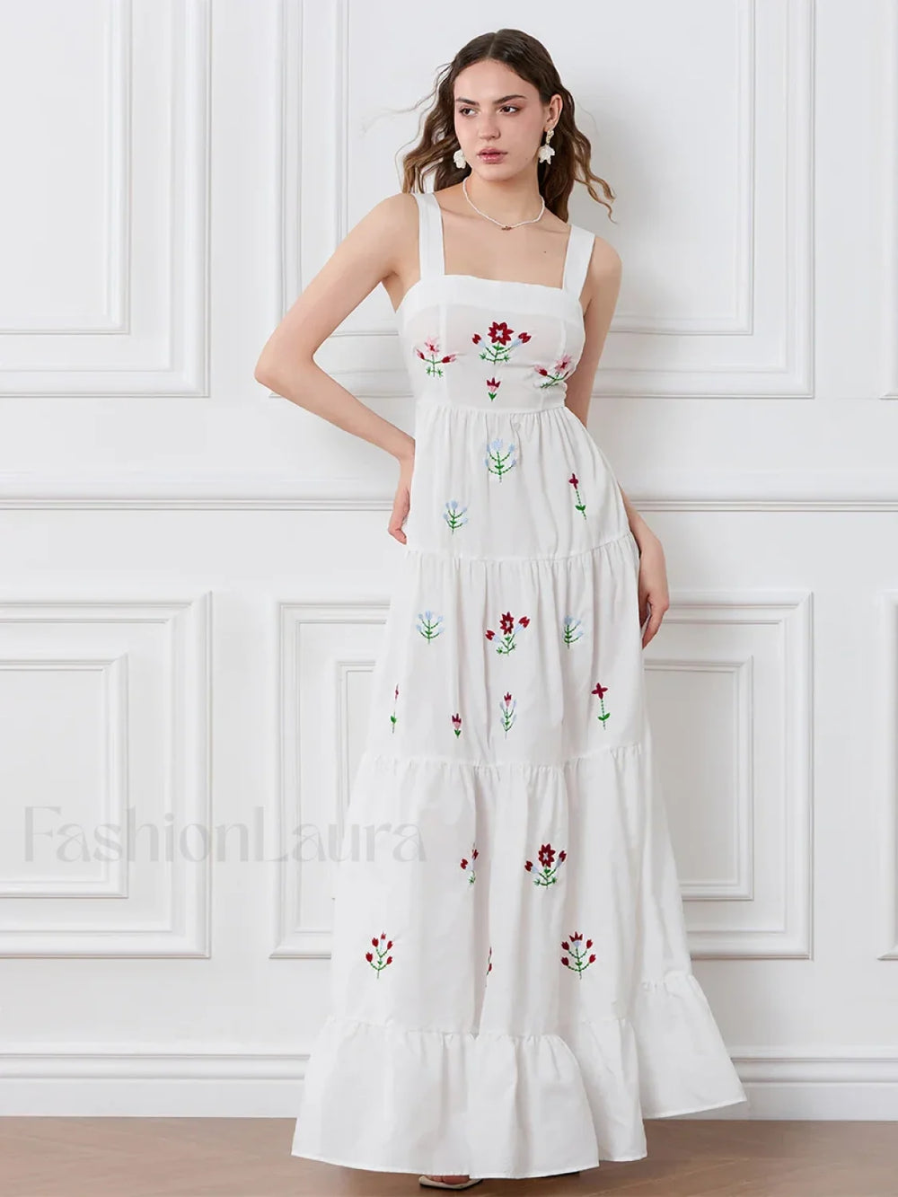 Embroidered Square Neck Boho Dress