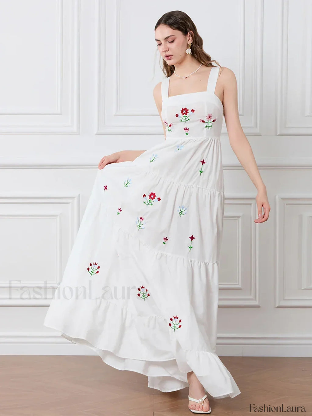 Embroidered Square Neck Boho Dress