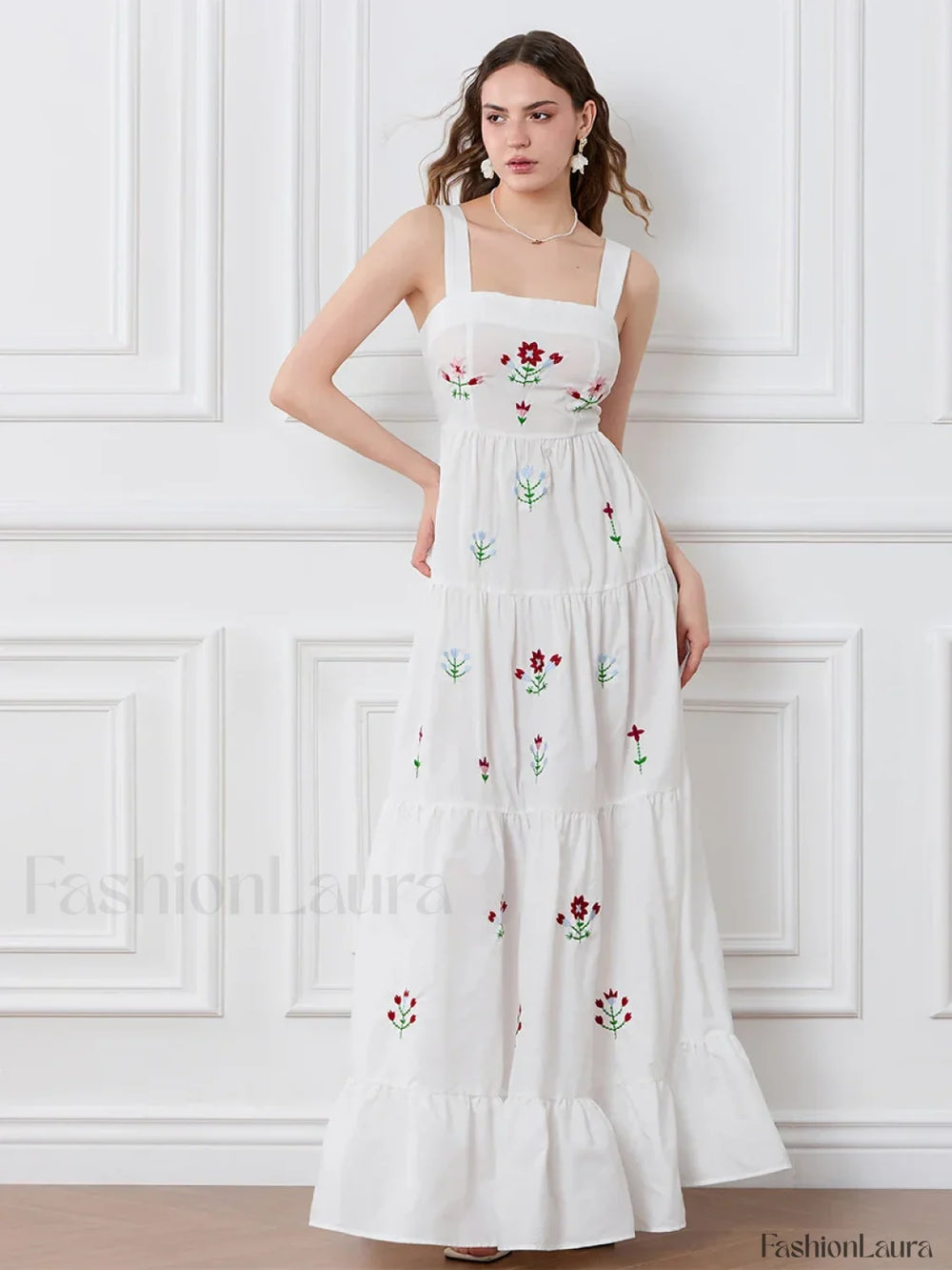 Embroidered Square Neck Boho Dress