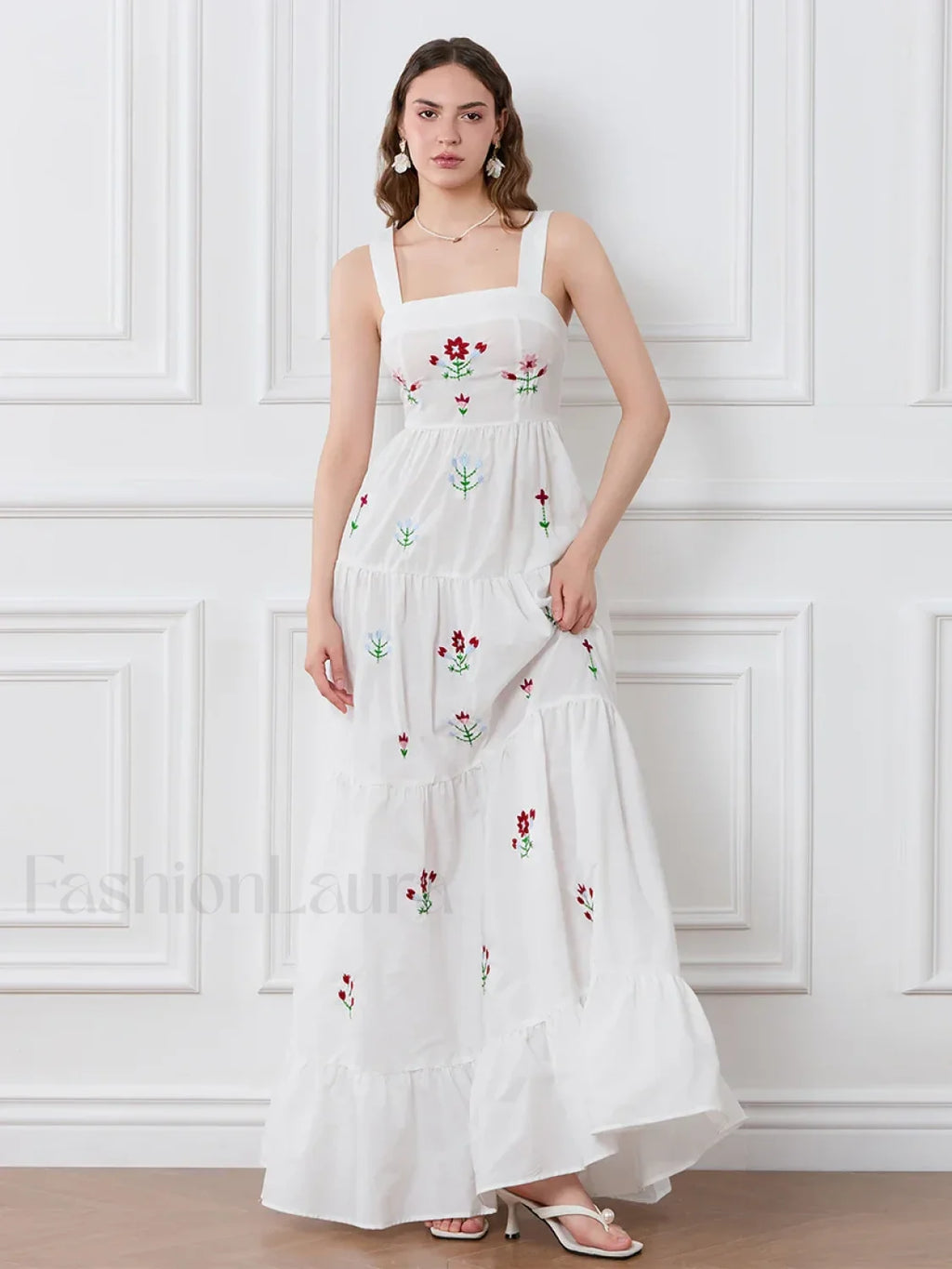 Embroidered Square Neck Boho Dress
