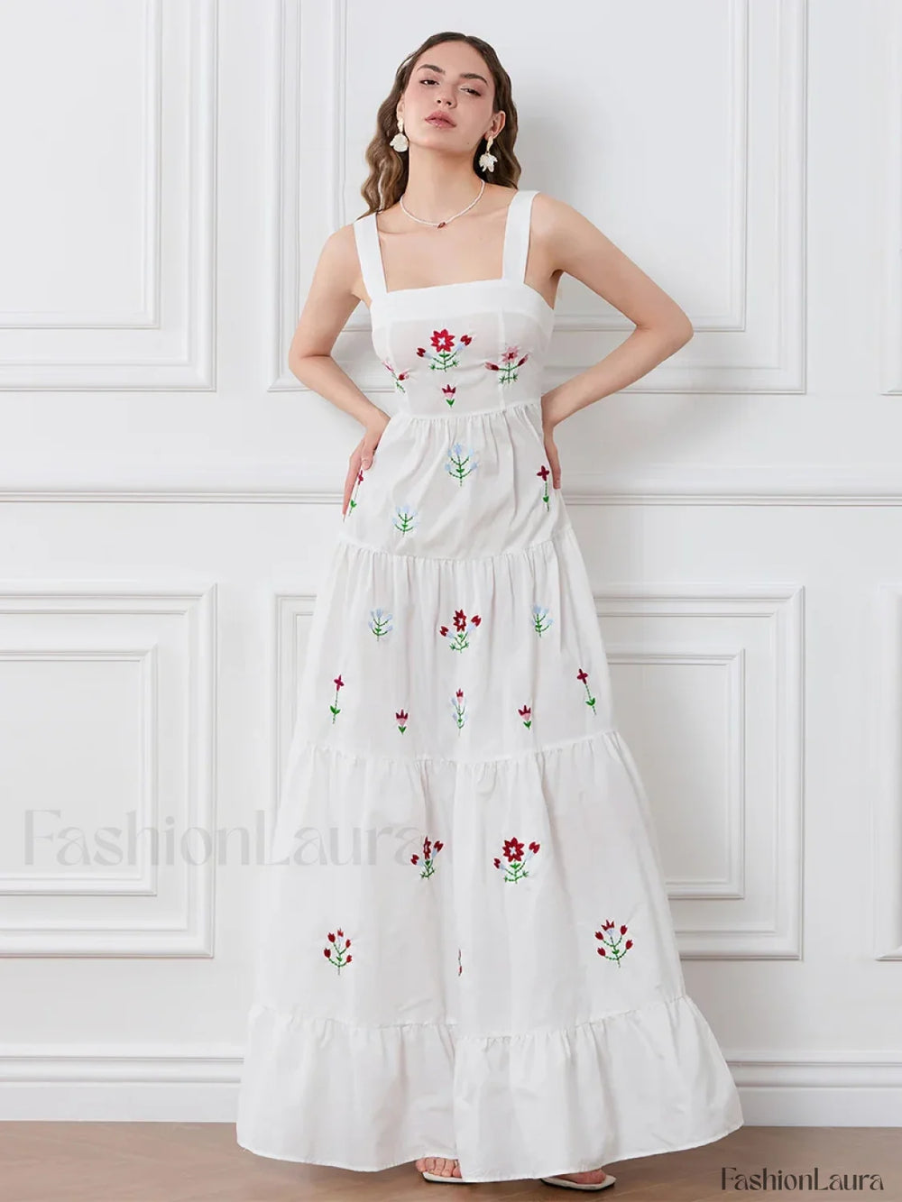 Embroidered Square Neck Boho Dress