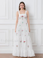 Embroidered Square Neck Boho Dress WHITE / S