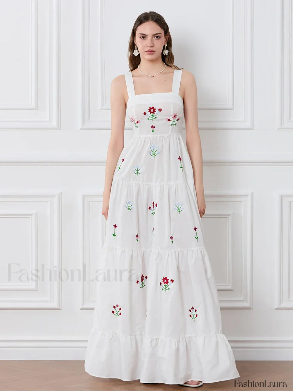 Embroidered Square Neck Boho Dress WHITE / S