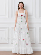 Embroidered Square Neck Boho Dress WHITE / S
