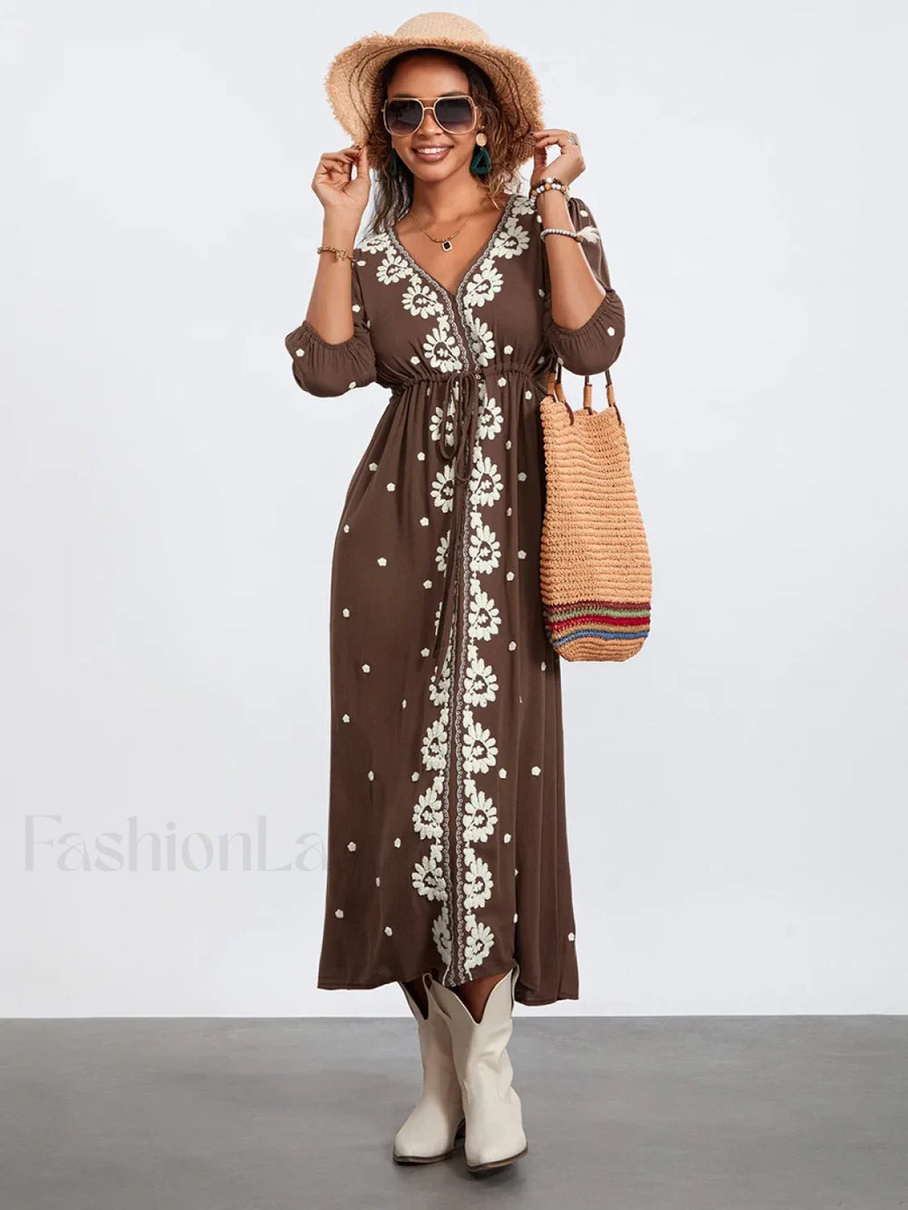 Embroidered Tie Waist Boho Dress