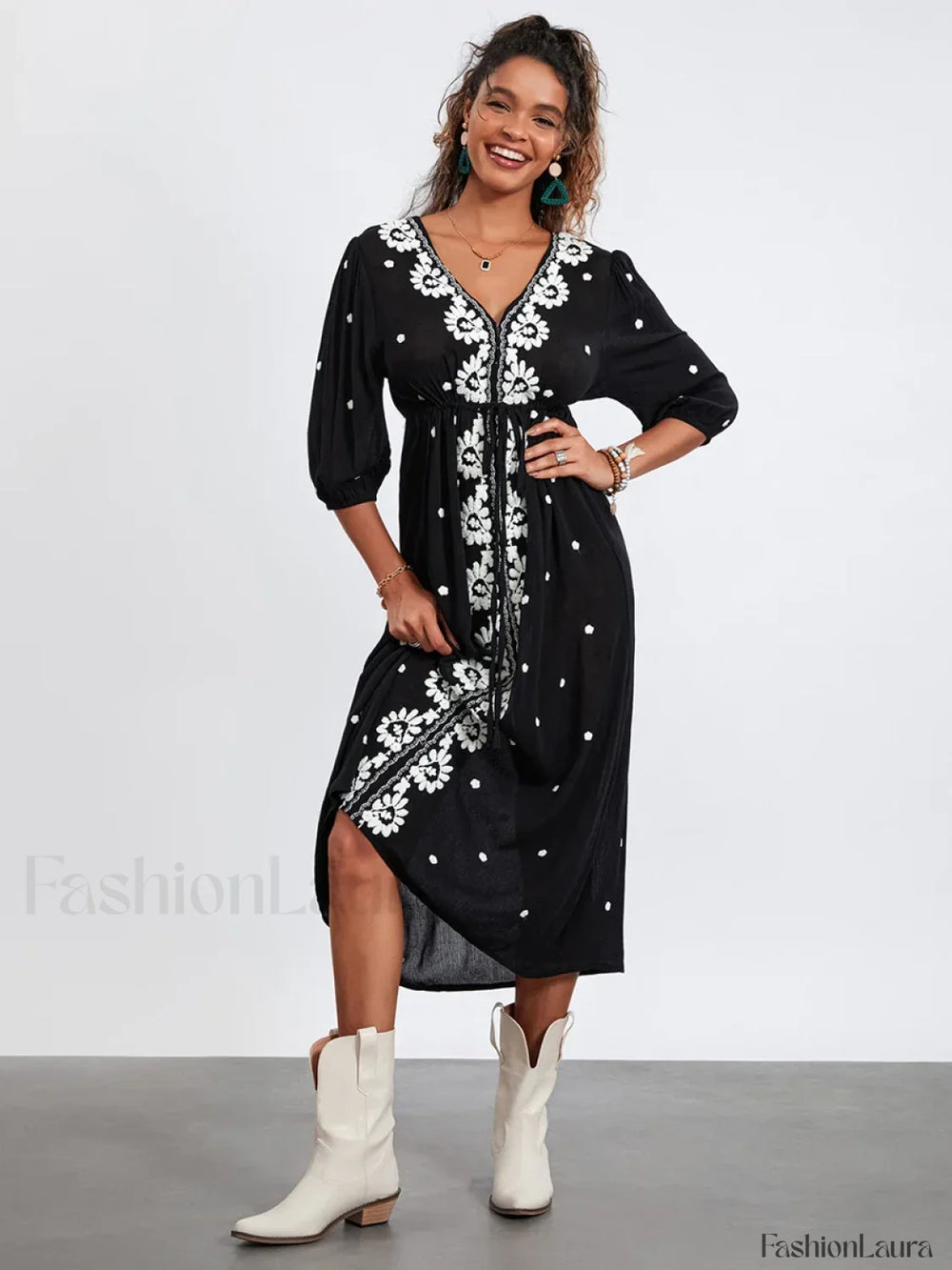 Embroidered Tie Waist Boho Dress Black / S