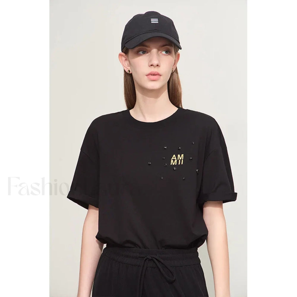 Embroidery Drop Shoulder T Shirt Black / S