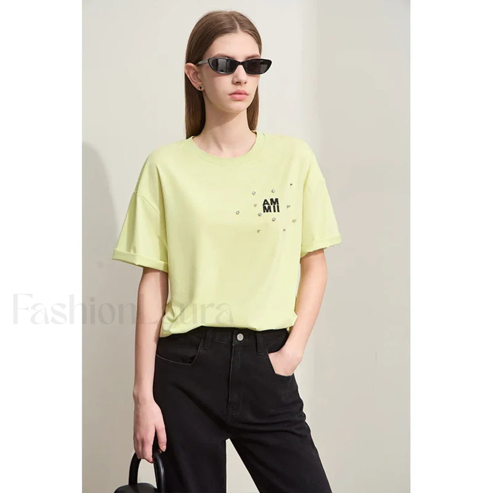 Embroidery Drop Shoulder T Shirt Green / S