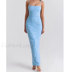 Embroidery Sling Bodycon Maxi Dress Blue / S