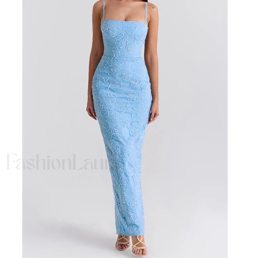 Embroidery Sling Bodycon Maxi Dress Blue / S