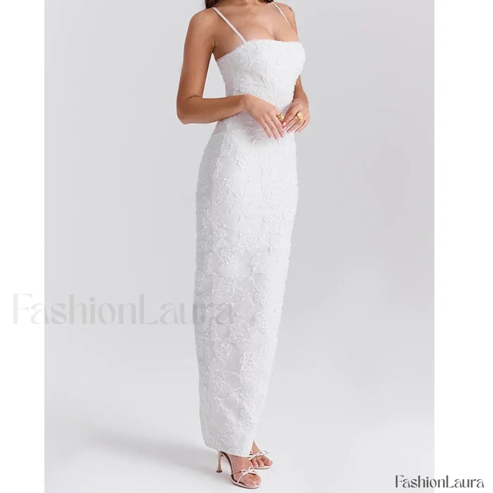 Embroidery Sling Bodycon Maxi Dress WHITE / S
