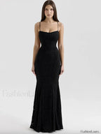 Embroidery Spaghetti Mermaid Maxi Dress Black / S