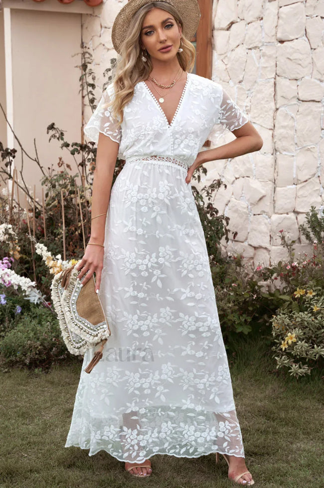Emma Boho Floral Charming Lace Maxi Dress S / White Main image