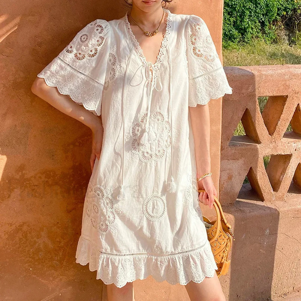 Ethnic Tassel Tunic Boho Dress Beige / S