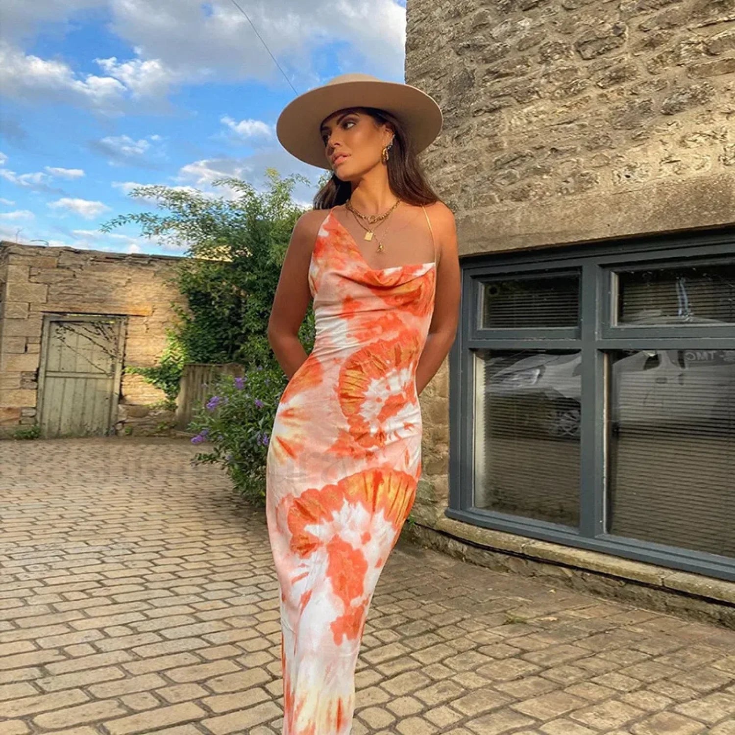 European Suspender Floral Dress Orange / S