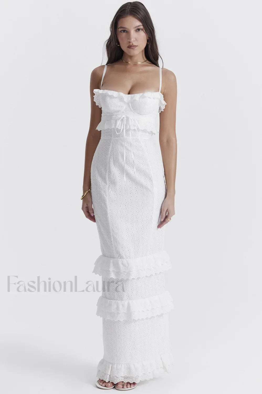 Eve White Stylish Broderie Maxi Dress XS / White Main image