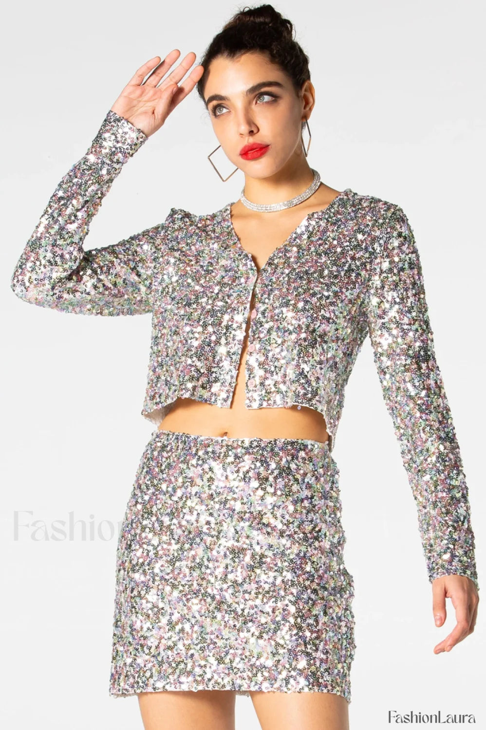 Ezra Silver Stylish Sequin Two Piece Set