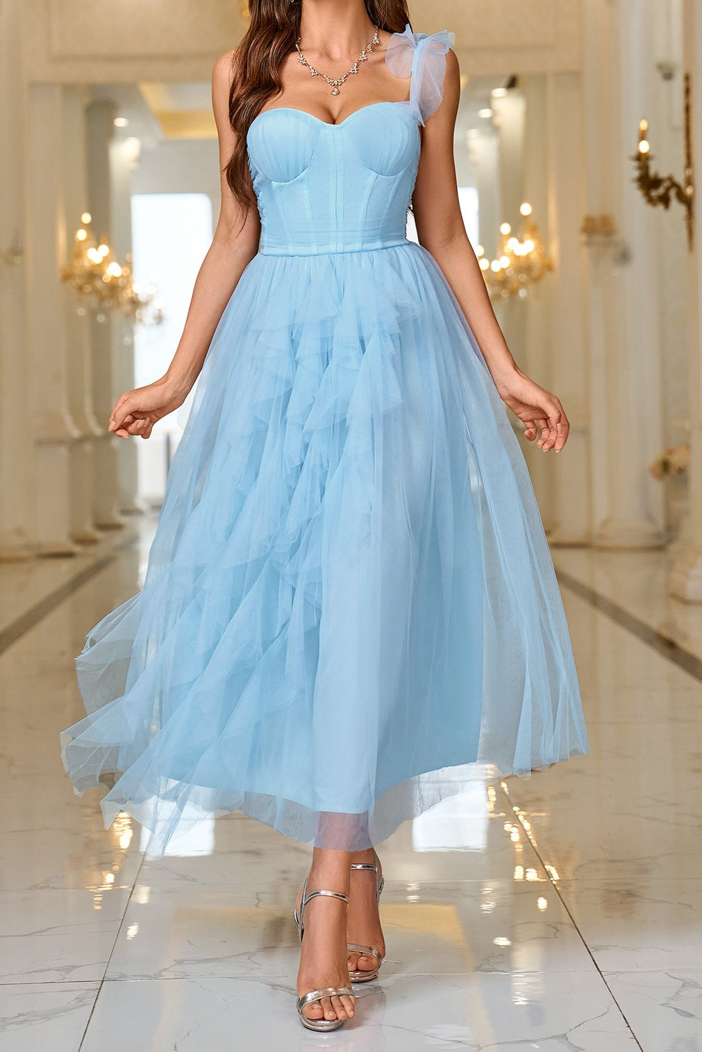 Layered Sheer Panel Sleeveless Cocktail Dress M / Blue Main image