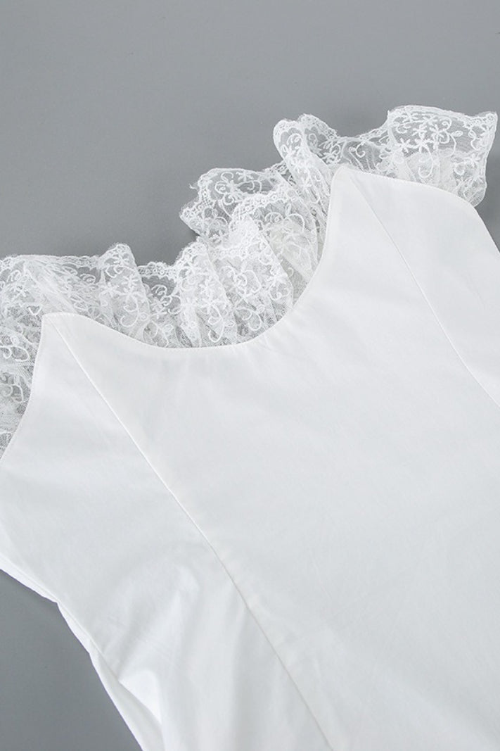 White Lace Trim Ruched Waist Puff Sleeve Blouse